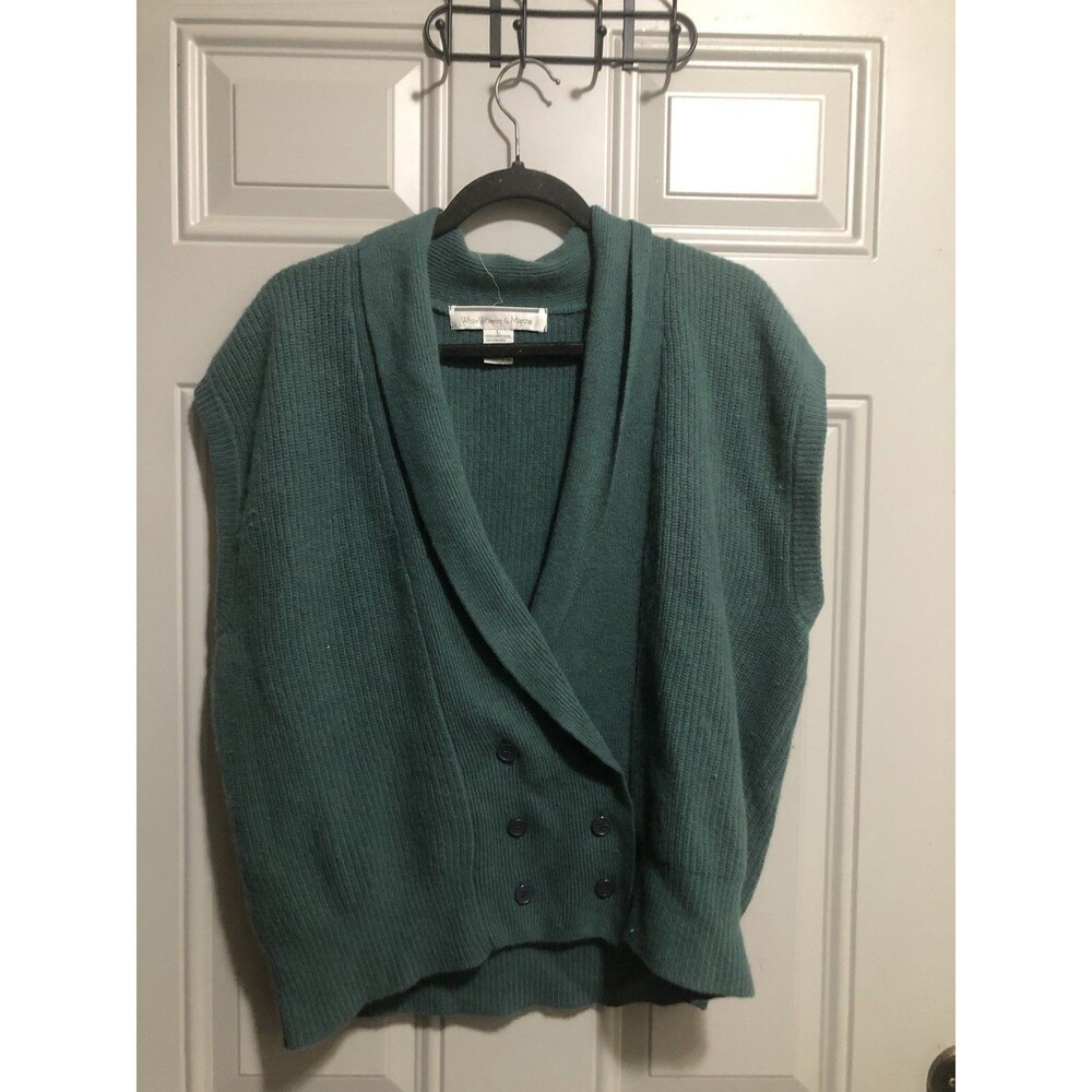 White Wheeler and Martha Lambswool Angora Vest Sweater L Teal Green Double Breas